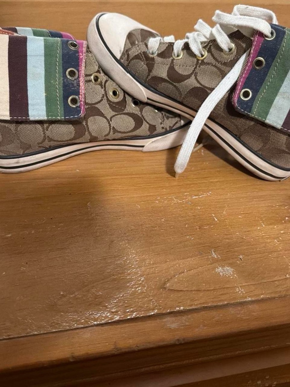Coach Kids Brown Signature High-Top Sneakers with Rainbow Stripe